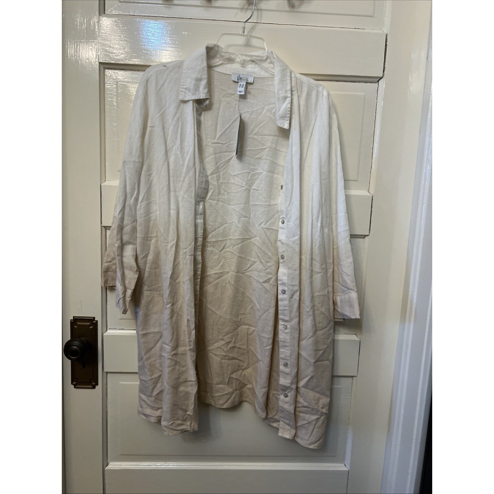Denim & Co Active Womens 2X Linen Blend Ombre Button Down Tunic Shirt White Tan